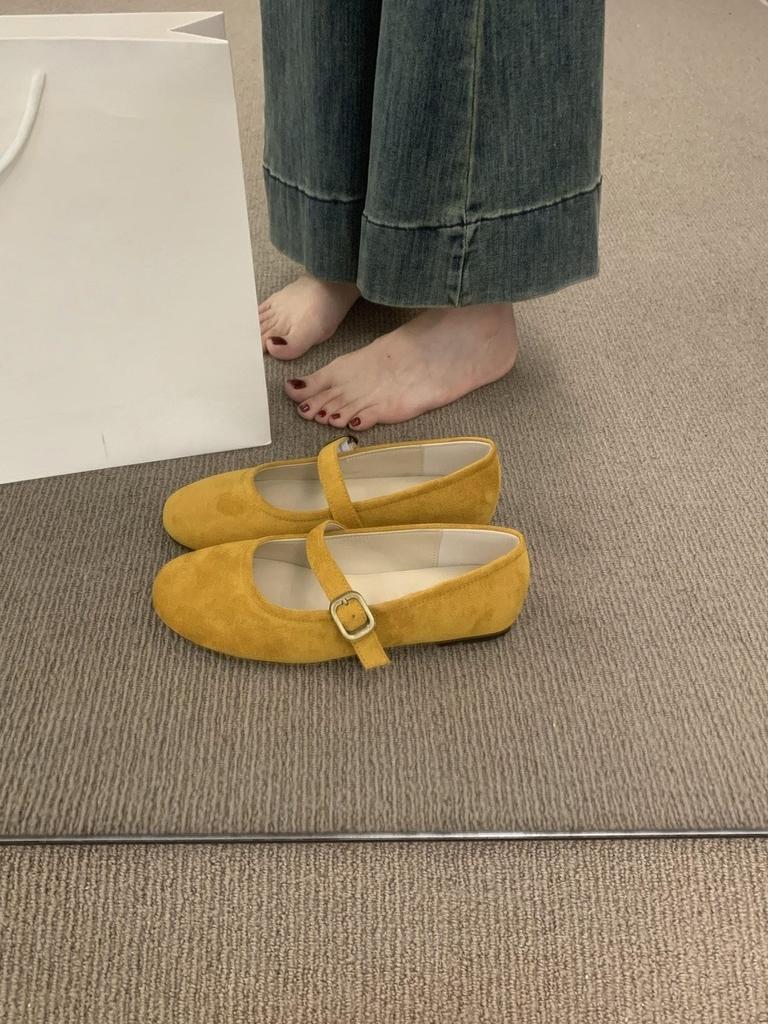 Simple and Versatile Word with Round Head Suede Mary Jane Shoes Are Versatile and Not Tired of Feet, Flat Bottom Doudou Ballet Single Shoes Women