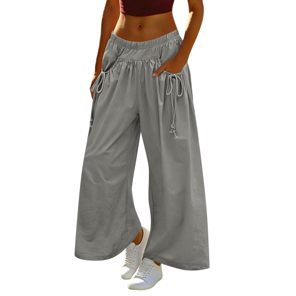Women's Loose Wide-leg Sweatpants, With Drawstring Pockets, Elastic Waistband, Three-quarter Length, Hiking Pants