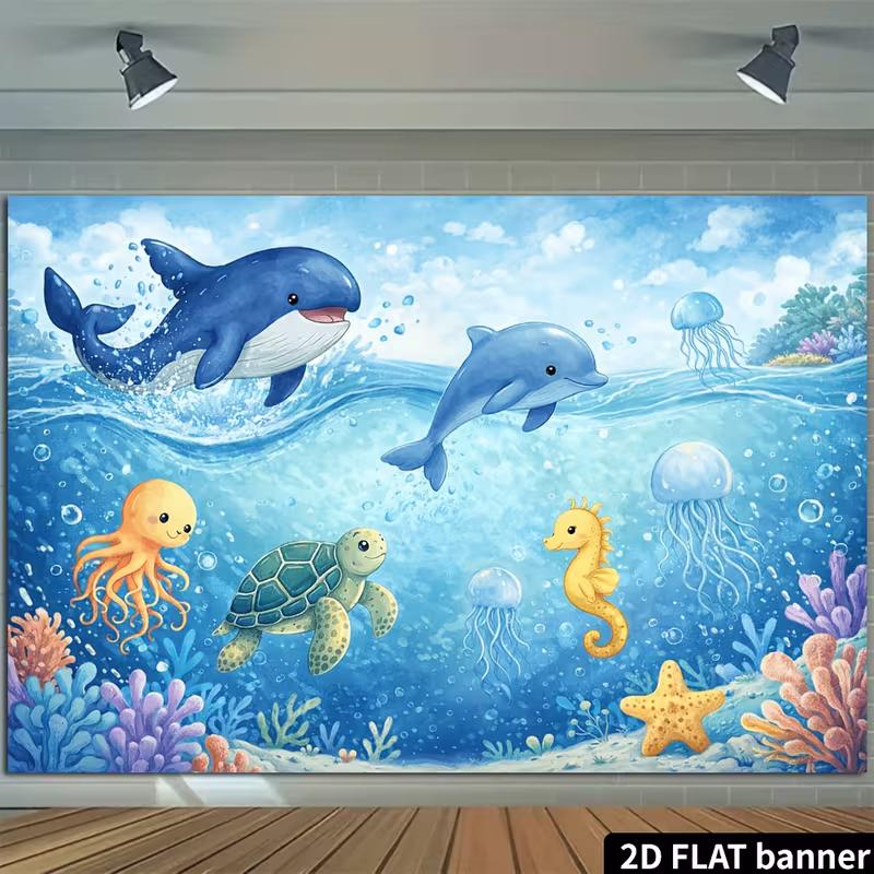 2D Ocean Animals Backdrop Dolphin Whale Turtle Octopus Photography Background