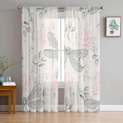 Dragonfly Flower Chiffon Sheer Curtains For Living Room Home Decoration Window Voile Tulle Curtain Drapes