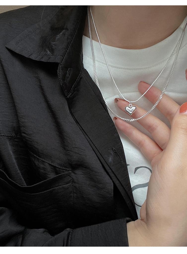 Elegant Korean Double Layer Heart Necklace - Retro Fashion Clavicle Chain for Women