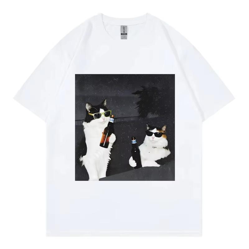 Bier Katze Kumpel Lustiges Meme T-Shirt Unisex Unisex Mode Vintage Kurzarm T-Shirt Sommer Lässig Locker Baumwolle T-Shirts Streetwear