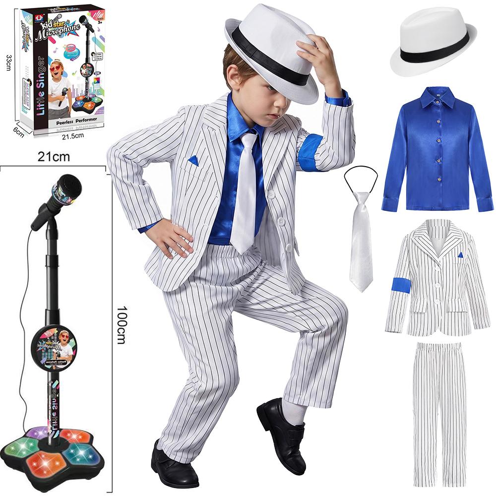 Halloween Carnavals Jongens Jackson Kostuum Danser Zanger Moonwalk Podium Outfits 80s Pop Rock Superster Verkleden Wit Gestreept Pak M (4-5T) gray
