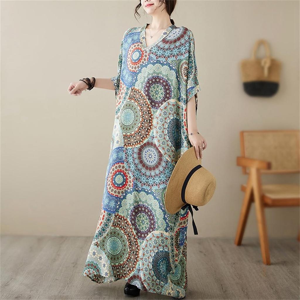 Sommer Maxikleid Lang Übergröße Retro Floral Ethnisch Maxikleid Locker Elegant Einheitsgröße Passt [Mohokyo] Damenkleid, Kleid, V-Ausschnitt, Größe, Druck, Tunika, Länge,