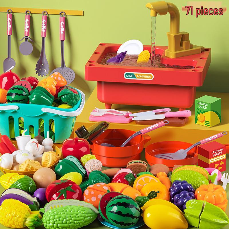 Kids' Pretend Play Kitchen & Shopping Cart Set with Cuttable Fruit and Veggies