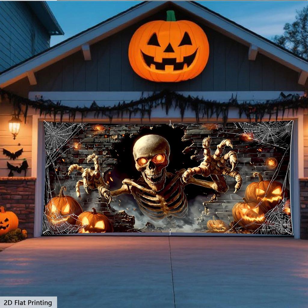 1pc Extra Large Halloween Garage Door Decoration - Scary Skull Breaking Through the Wall with Glowing Eyes, Spider Webs