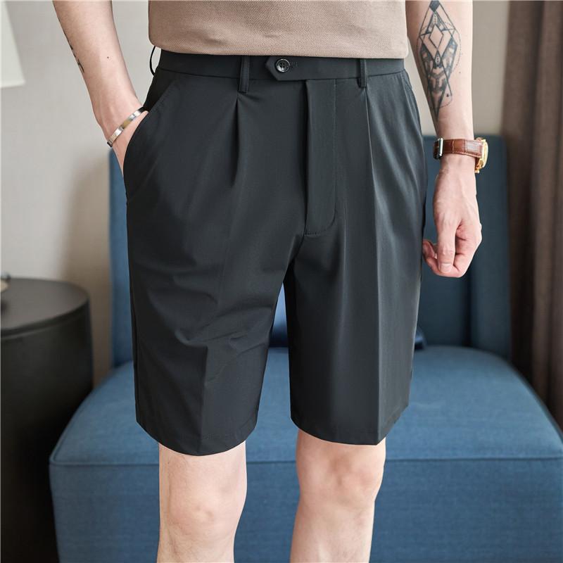 Summer Men's Suit Shorts Straight Fit Stretch Knee-Length Short Pants Solid Ice Silk Lightweight Breathable Casual Shorts Man