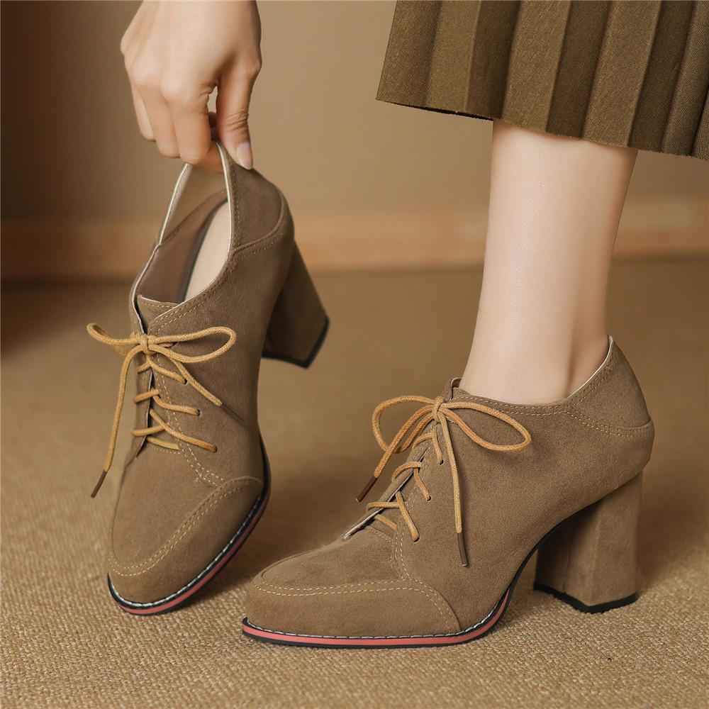 Women Lace Up Platform Pumps Square Heel Round Toe High Heels British Style Oxfords Autumn Low Top Student Shoes Black Booties