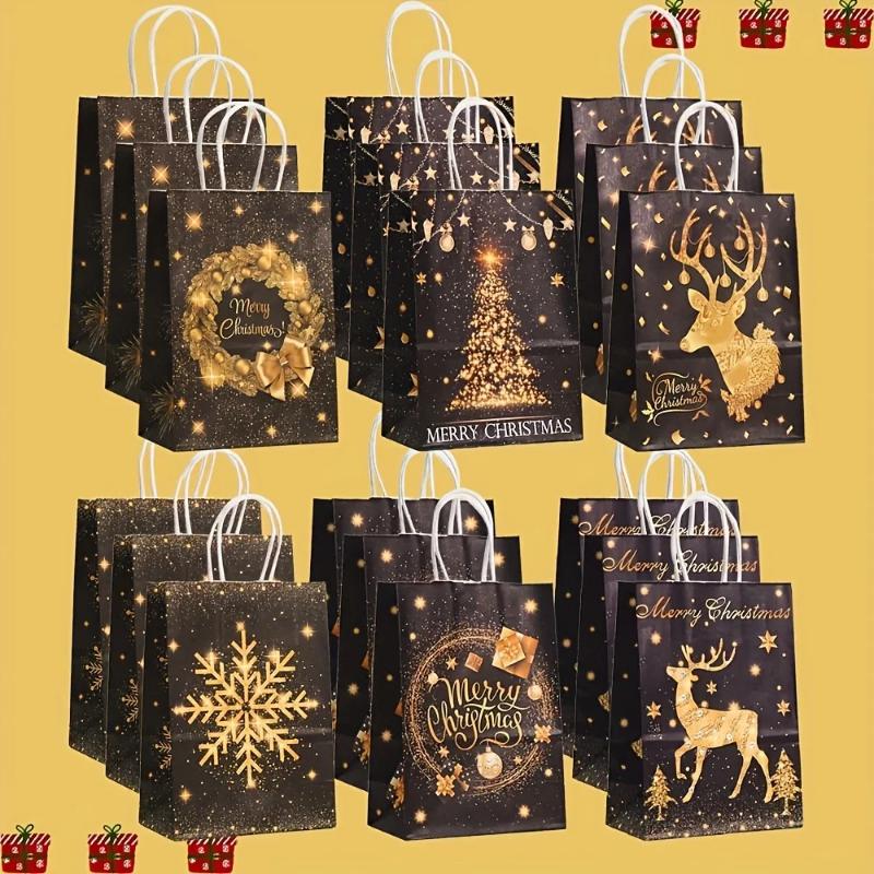 24pcs Black Golden Christmas Gift Bags with Handles Reindeer Christmas Tree Snowflake Kraft Paper Bags Party Favor Goody Bags
