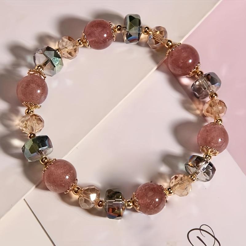 Bohemian Style Lucky Bracelet with Pinkish-Purple Glass Beads & Multicolor Artificial Crystal Accents - Unisex Fashion Jewelry for Daily Wear