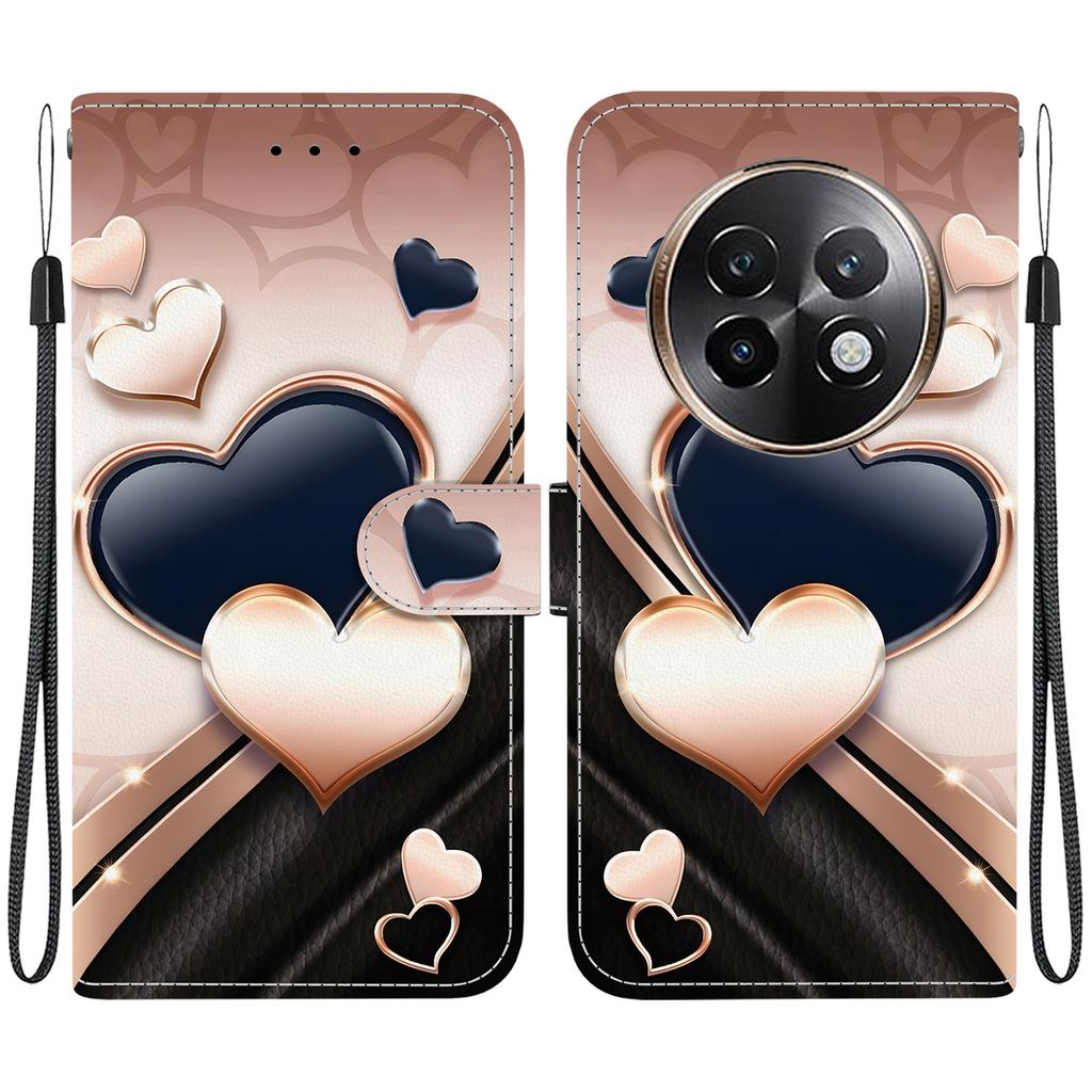 Handmade PU Leather Flip Case for Realme 13+ / Realme 13 Plus Anti-Slip Shockproof Cover with Wrist Strap & Heart/Rose Cat Designs