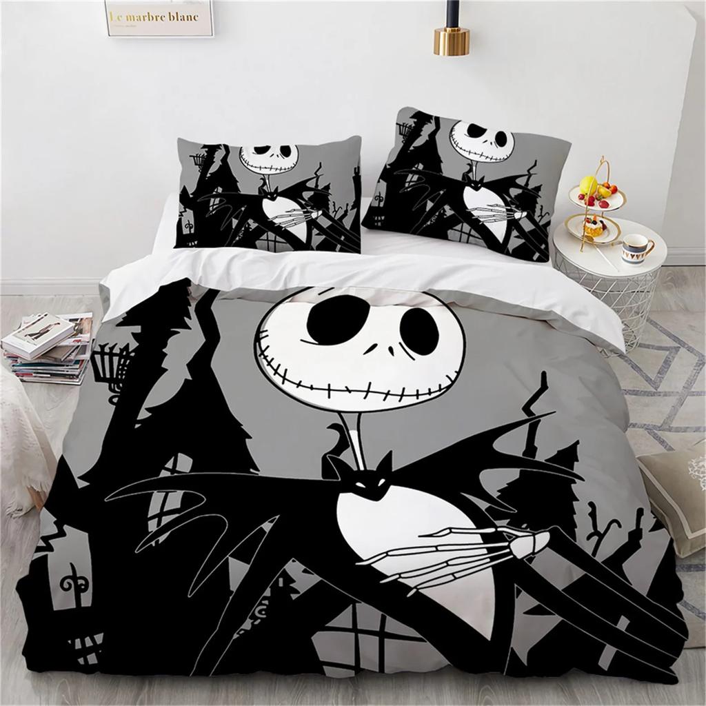 Halloween Totenkopf Bettbezug,Jack und Sally Bettdeckenbezug,Nightmare Before Christmas Bettwäscheset Kissenbezug,Halloween Deko