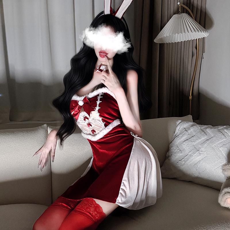 Christmas Bunny Girl Lingerie Costume: Backless Role Play Nightwear Dress