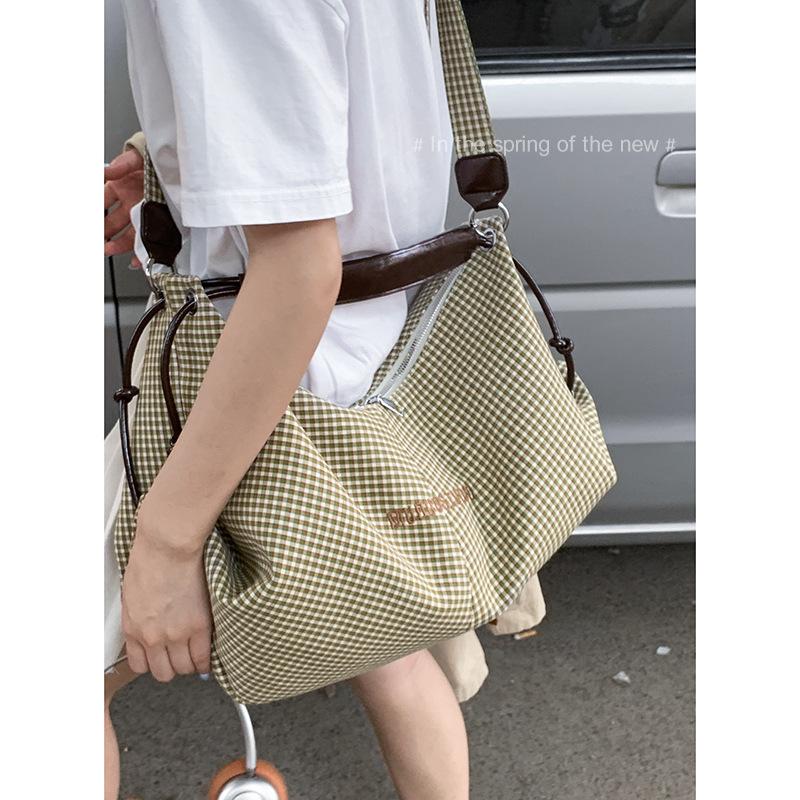 Casual Canvas Bag Large Capacity Women's Bag 2025 New Plaid Tote Bag Embroidered Letter One Shoulder Underarm Bag