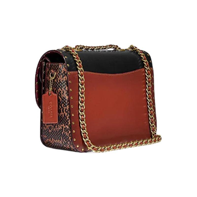 Coach Shoulder Bag Madison 24 Camellia Metal Rivets Decorated Twist Lock Flap Cow Leather and Snakeskin Envelope Crossbody Medium Size Women's Black