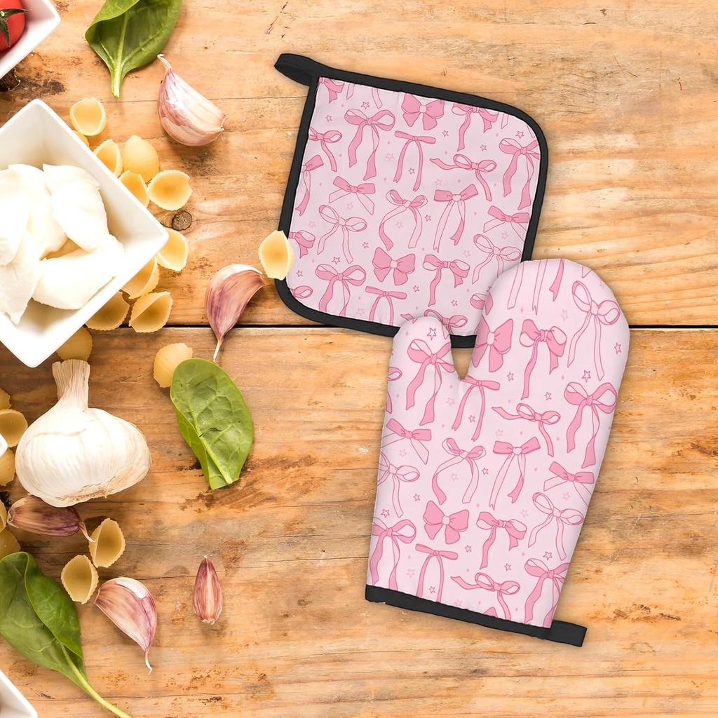 Pink Bow Coquette Decor Oven Mitts and Pot Holders Sets, PinkCoquette Preppy Kitchen Accessories Sets, Pink Ribbon Bow Preppy Heat Resistant Oven