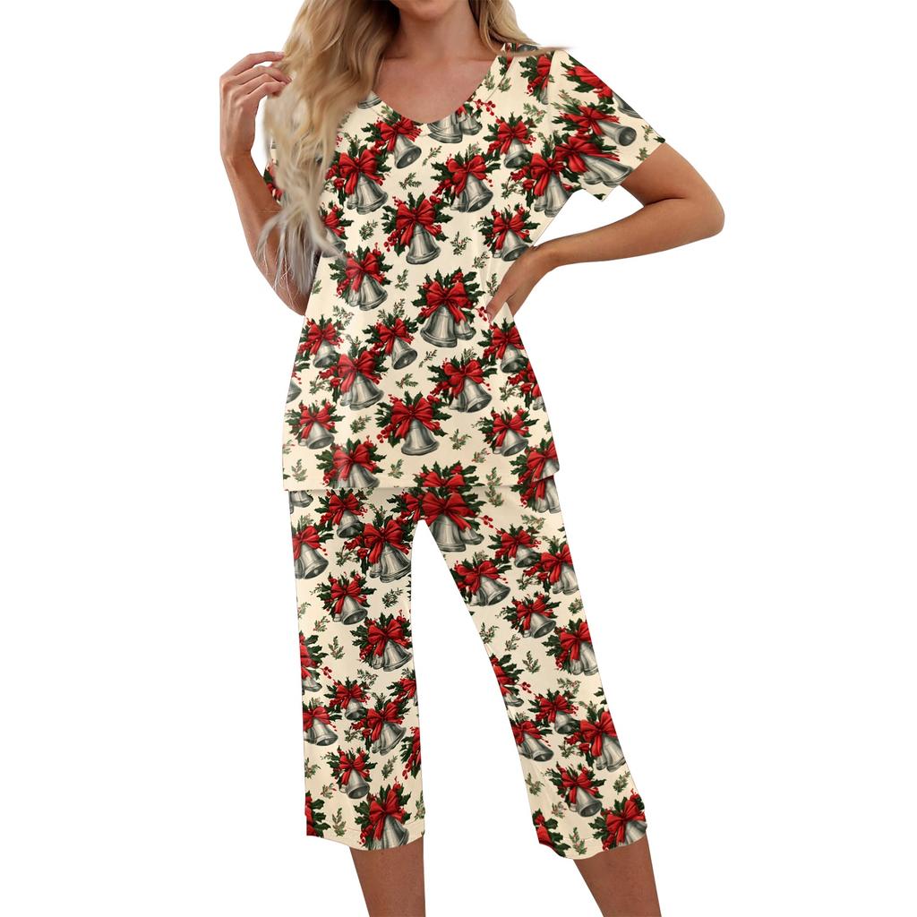 Women's Casual Two Piece Outfit Set Christmas Print Short Sleeve Pants