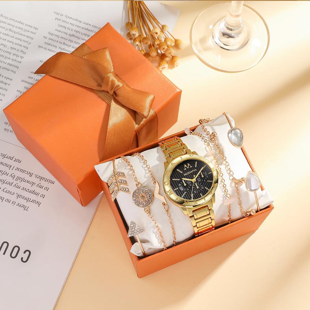 Fashion Light Luxury Trendy Round Dial Alloy Material Women's Quartz Watch Bracelet Set of 7, Suitable for Christmas and Thanksg