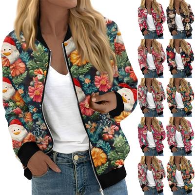 Jackets For Women Long Sleeve Lightweight Zip Up Cropped Fashion Christmas Print Outerwear Casual Quilted Jackets Whith Pockets