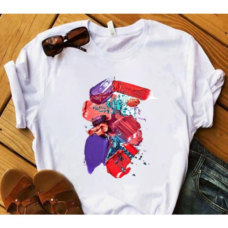 European and American Nail Polish Simple Women's Casual Cute Large Size Short-sleeved T-shirt Women Clothes Tops