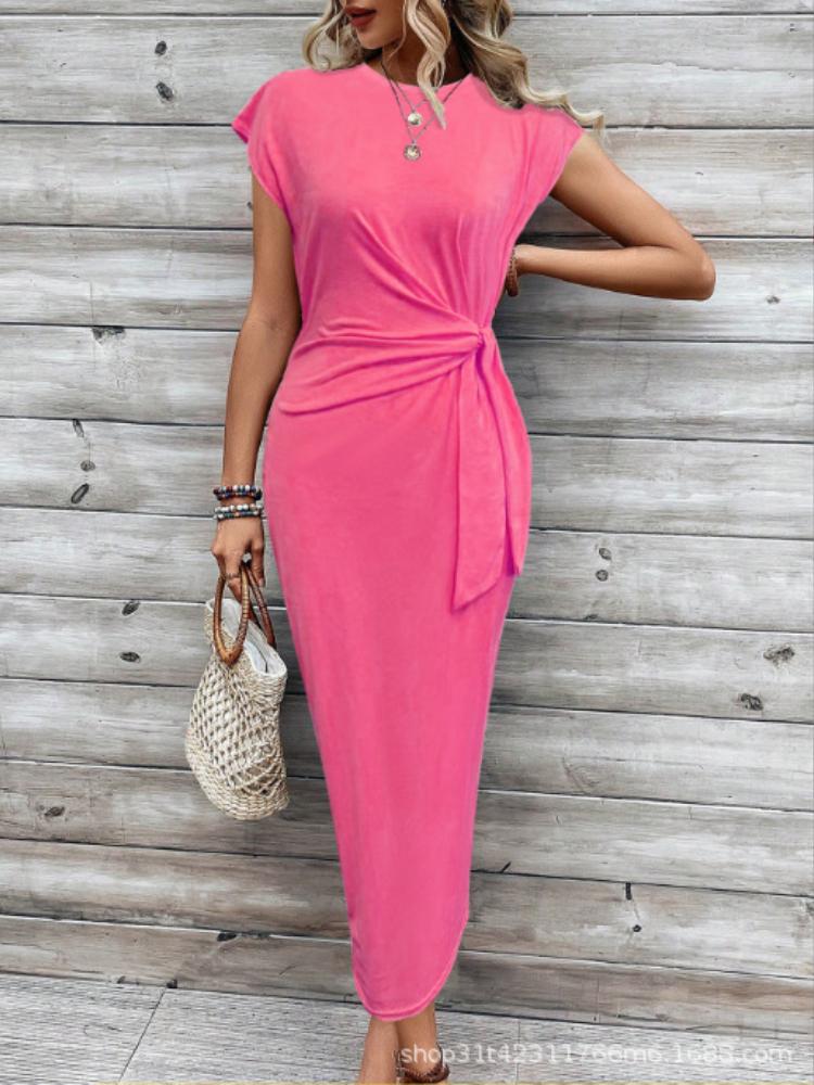 

Blue White Striped Short Sleeve Dress with Side Pleats, Casual Fashion Women s Outfit XXL темно-рожевого кольору