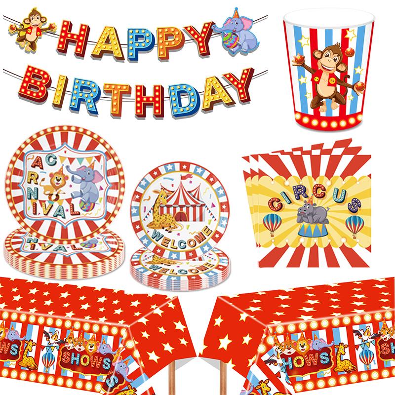 Carnival Circus Animals Decorations Banner Birthday Disposable Tableware Tablecloth Plate Cup Napkin Favors Party Supplie