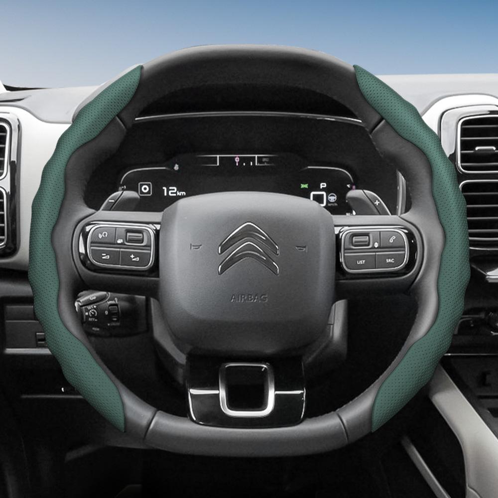 Suitable for Citroen Steering Wheel Cover, Wave-Shaped Sporty Design, Breathable Leather, Segmented Anti-Slip Sweat-Absorbing Steering Wheel