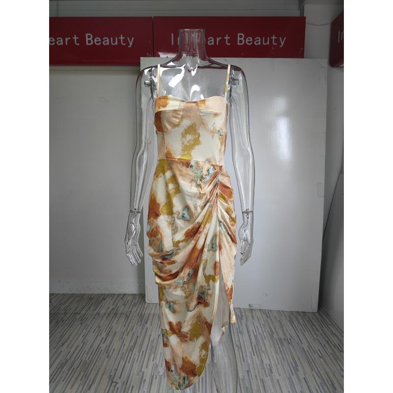 Sommerkleid für Damen, frisch bedruckt, Neckholder, hohe Taille, tiefer Schnitt, sexy Kleider