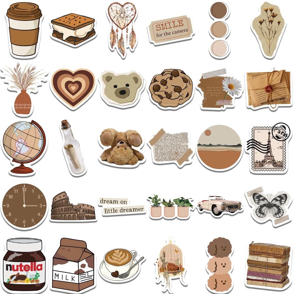 10/30/50pcs Vintage Brown Aesthetic Graffiti Sticker DIY Laptop Stationery Suitcase Guitar Cute Cartoon Decoraction Sticker Pack