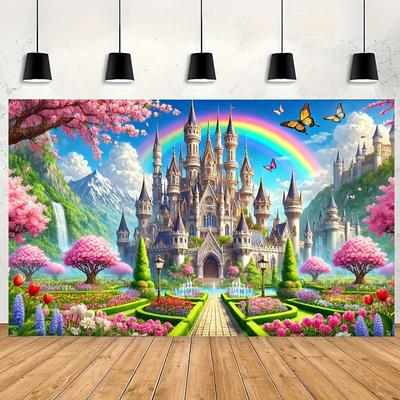 Princess Castle Rainbow Butterfly Garden Backdrop - Versatile Polyester Party Banner, Power-Free Photography Background