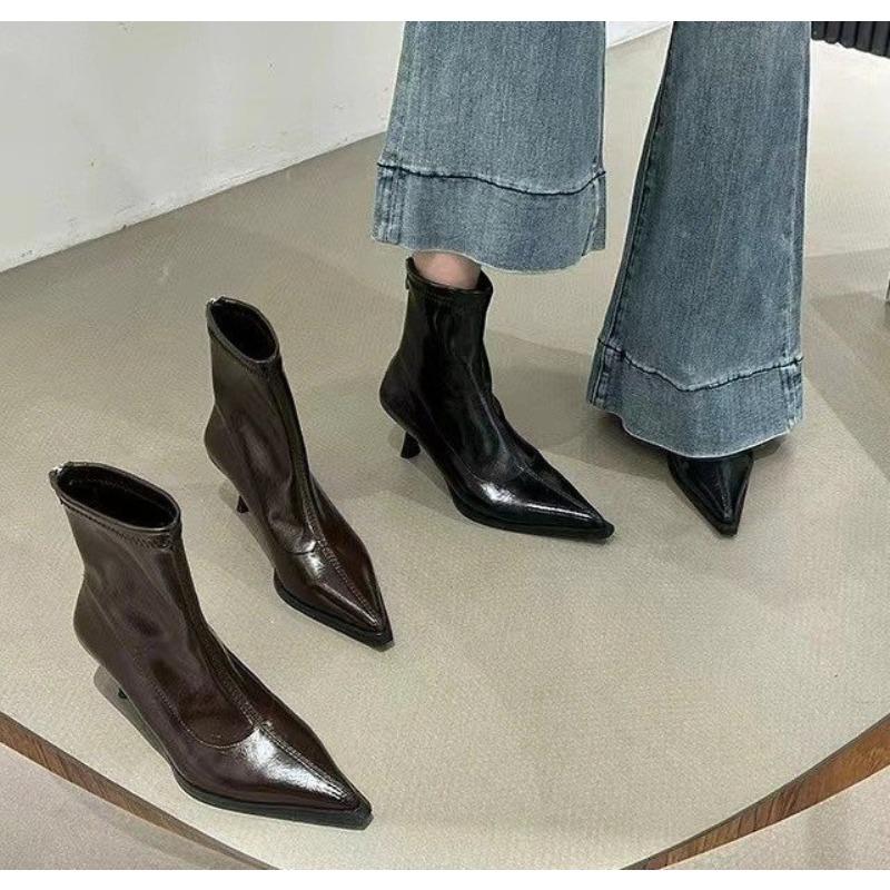 Fashion Women's Sexy Pointed Toe Ankle Boots Vintage Autumn New Fashion High Heels Patent Leather Skinny Boots Women Brown Short Booties