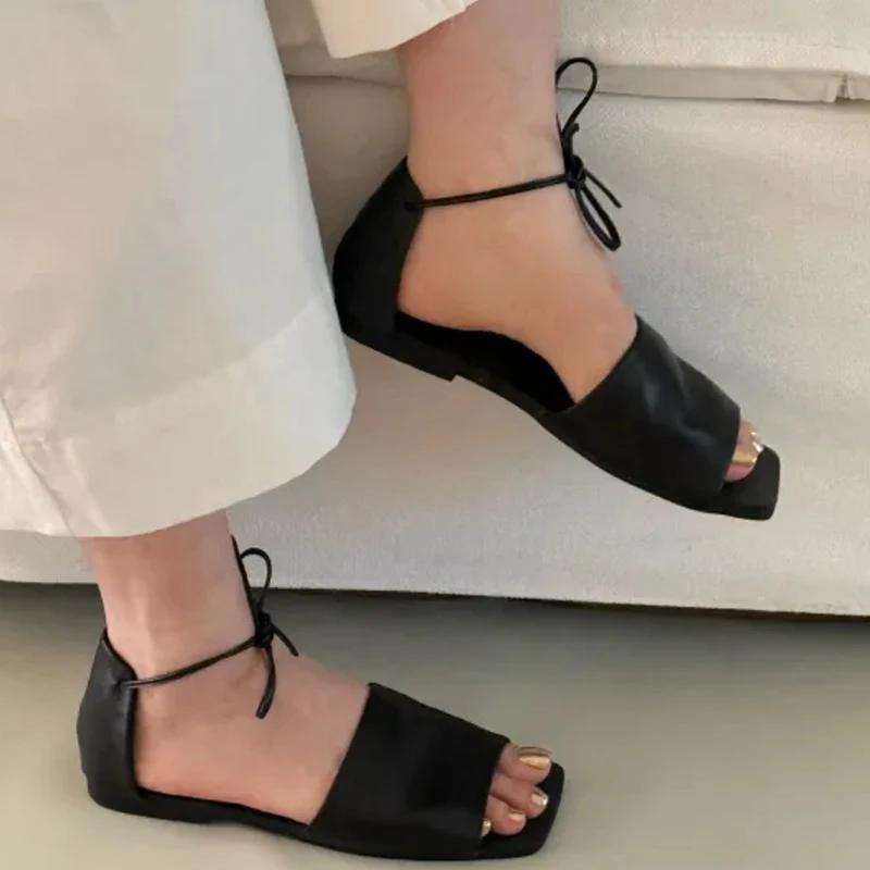 Summer Ankle Lace Up Women Flats Sandals Elegant Ladies Concise Beach Vacation Gladiator Sandalias