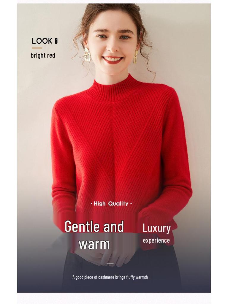 Women's Pure Cashmere Semi-High Neck Solid Color Thick Pullover Sweater for Autumn and Winter