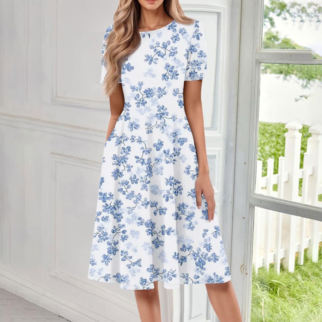 Dámské ležérní módní kulatý výstřih s krátkým rukávem a květinovým potiskem, midi šaty