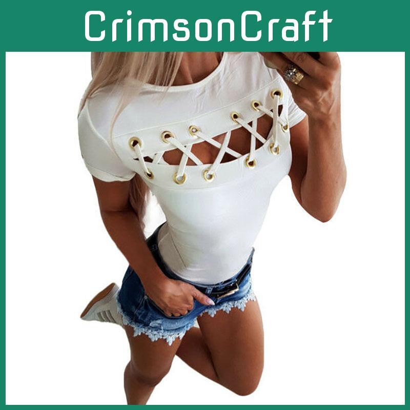Trendy Sexy Ladies Women's Short Sleeve Cross Lace Up Bodycon Blouse Tops Slim T-shirt