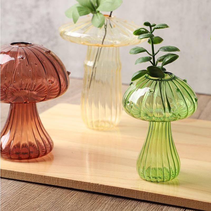 Glass Colorful Mushroom Vase Nordic Style Indoor Home Decor Hydroponic Plant Flower Arrangement Ornament Room Desktop Decoration