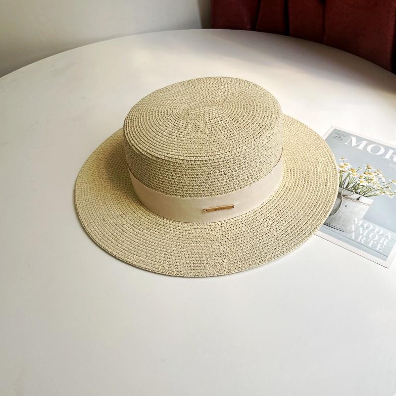 Luxury Elegant Women Summer Straw Hat Flat Top Boater Cap Folds Silk Pearl Decor Hand Weave Wide Brim Sun Hat Panama Fedora