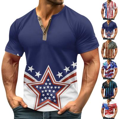 Vintage Summer Men's T-Shirt Streetwear 3 Buttons Open Fly Loose Clothing Print Short Sleeve T-Shirt