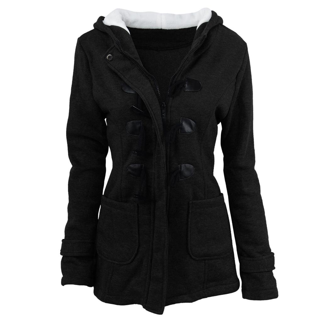 Women Solid Color Horn Buttons Cardigan Padded Hooded Coat Jacket Overcoat