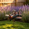 Hand Painted Outdoor Sculpture Metal Skeleton Pilot Airplane Wind Spinner with Ground Stake, Vintage American Flag Garden Yard Art for Rustic
