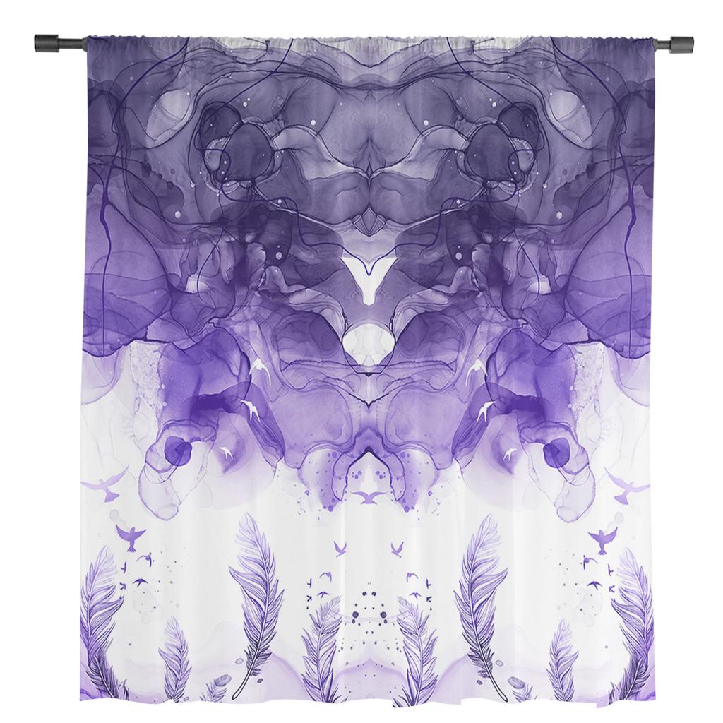 Cortinas transparentes de aquarela de penas roxas para decoração de sala de estar Cortinas de janela para cozinha Cortinas de tule voile de organza