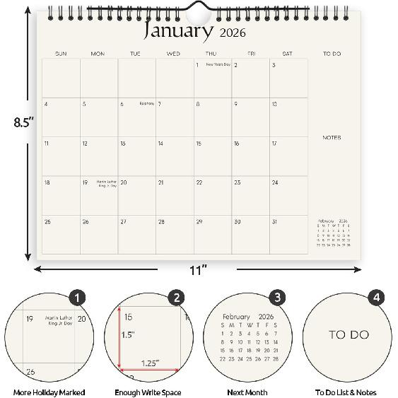 SKYDUE Wall Calendar 2026-2027, 18 Months Calendar from Jan. 2026 To Jun. 2027, 8.5 X 11 Simple Small Calendar Planner with 280 Stickers