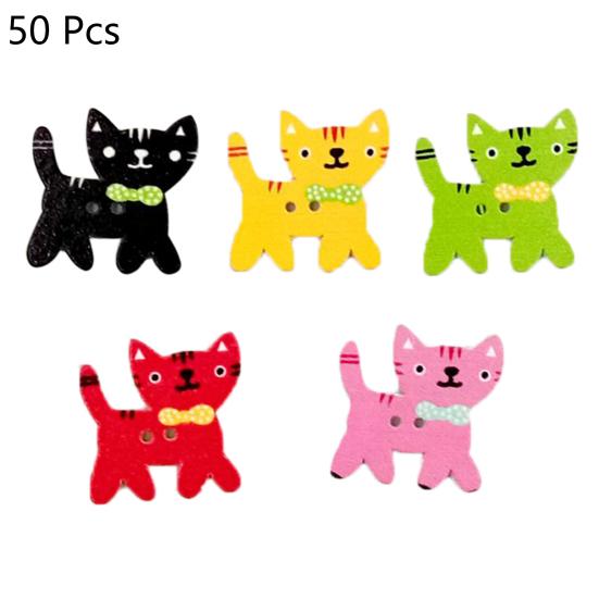 

50 шт. Деревянные пуговицы для шитья в виде милых котят смешанных цветов с 2 отверстиями