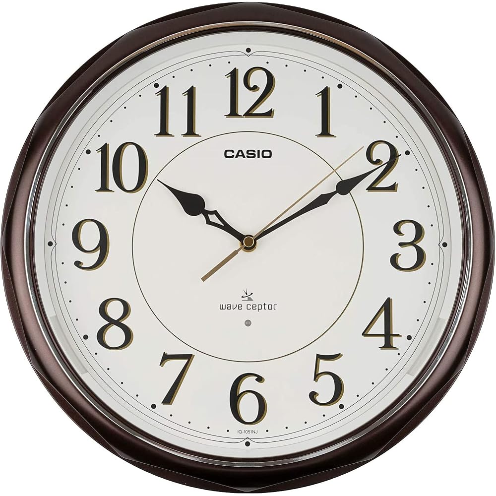 CASIO Wall Clock, Radio-Controlled, Brown, Analog, Always-On Display, Nighttime Second Hand Stop, IQ-1051NJ-5JF