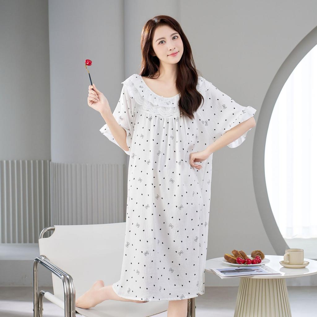 Spot New Women's Spring, Summer and Autumn Clouds Cotton Edge Thin Loose Nightdress Sweet and Cute Loungewear
