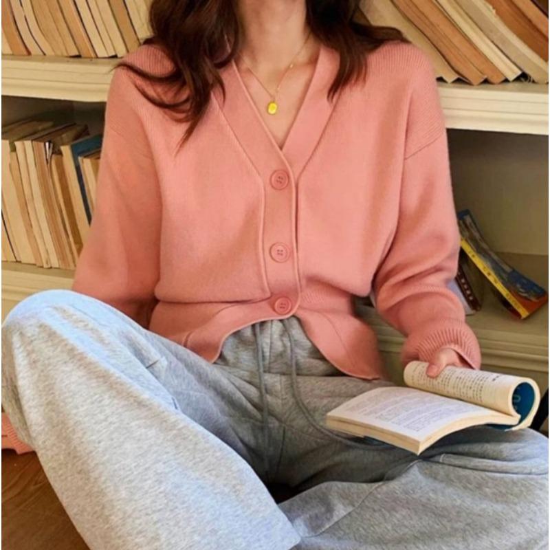 

Женский свитер с V-образным вырезом, вязаный кардиган, осенне-зимний, приталенный короткий свитер XL розовый