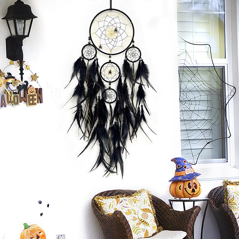 Dream Catcher Hand-woven Black Feathers Wind Chimes Room Wall Hangings Halloween Decorations Festival Party Gifts Home Accessory