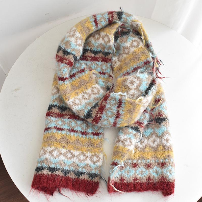 Retro Fair Island Jacquard Wool Scarf Women's New Warm Neck Protection Autumn and Winter Stripes Contrast Color Scarf Versatile