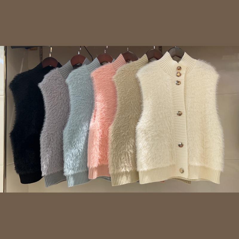 GMXIA Stand-up Mink Velvet Sleeveless Jumper Women's Coat Autumn and Winter Loose Temperament Elegant Knitted Cardigan