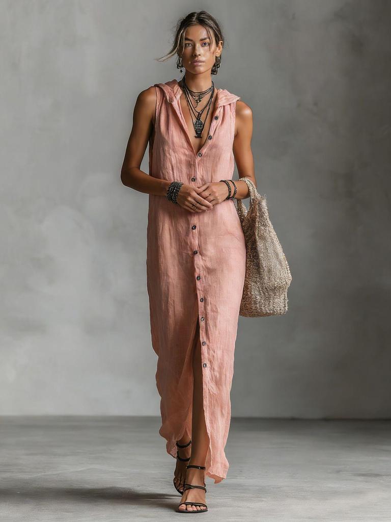 Robe Longue Sans Manches à Capuche pour Femme 2026 - Coupe Ample Décontractée, Design à Boutonnage Simple